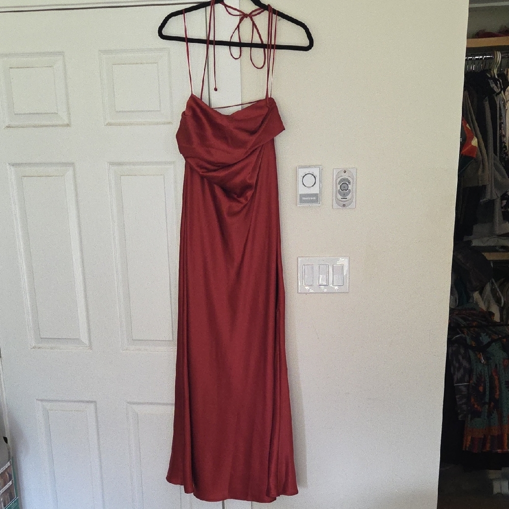 Morgan & Co. Brick Red Maxi Dress with Spaghetti Straps